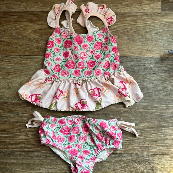 SweetHoney Other - SweetHoney Girls Pink Rose Floral Ruffle Tankini Two Piece Swimsuit Set 18mo
